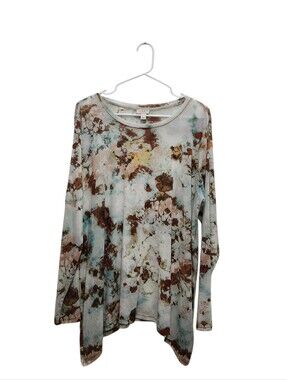 LOGO Layer Lori Goldstein Green Brown Abstract Print Sheer Mesh Top Womens Sz XL